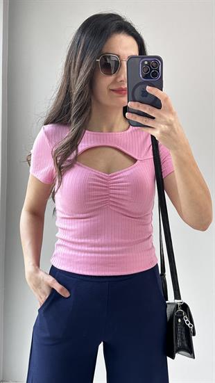 Pembe Büzgülü Önü Açık Bluz