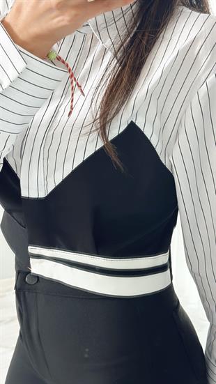 Beyaz Siyah Çizgili Garnili Crop Gömlek