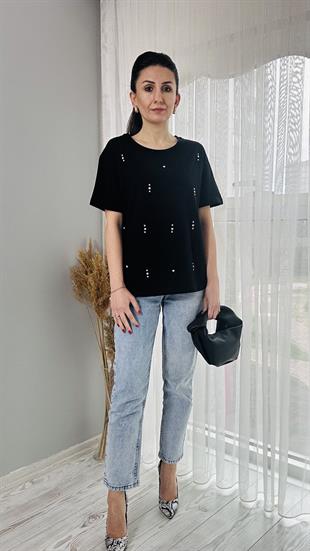 Siyah Taş Detaylı Bisiklet Yaka T-shirt