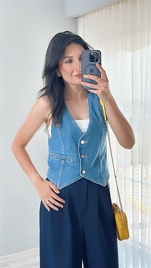 Mavi Cep Detaylı Denim Yelek