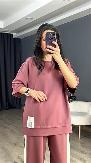 Gül Kurusu Modal Kumaş Zr Amblemli Bisiklet Yaka Salaş T-Shirt