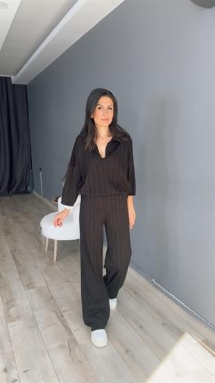 Siyah Polo Yaka Fitilli Triko Takım
