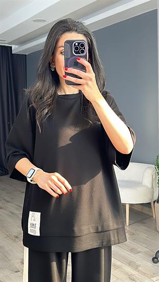 Siyah Modal Kumaş Zr Amblemli Bisiklet Yaka Salaş T-Shirt