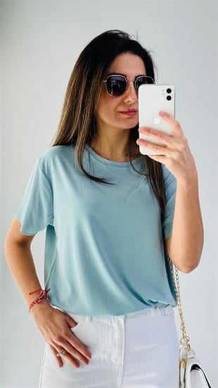 Su Yeşili Bisiklet Yaka Lazer Kesim Modal Kumaş T-shirt