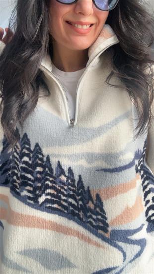 Ekru Mavi Desenli Fermuarlı Sweatshirt
