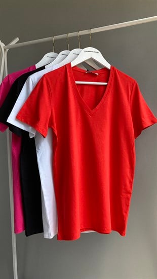 Kırmızı V Yaka Basic T-Shirt