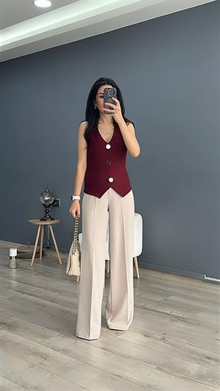 Bordo Farklı Düğme Detaylı Kolsuz Bluz