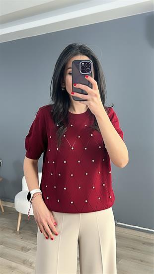 Bordo Baklava Desenli Önü Taşlı Triko Bluz