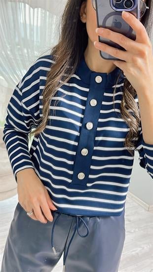 Lacivert Çizgili Önü Düğmeli Sweatshirt