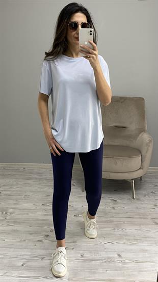 Buz Mavi Bisiklet Yaka Lazer Kesim Modal Kumaş T-shirt