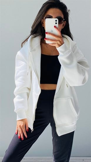 Ekru Fermuarlı Basic Sweatshirt