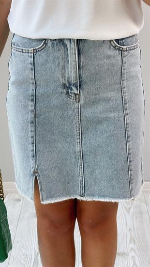Mavi Mini Yırtmaçlı Yüksek Bel Denim Etek
