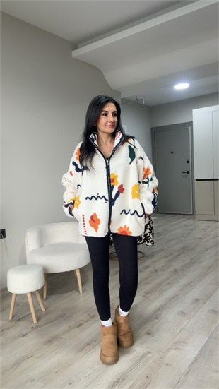 Ekru Çiçek Desenli Fermuarlı Polar Ceket
