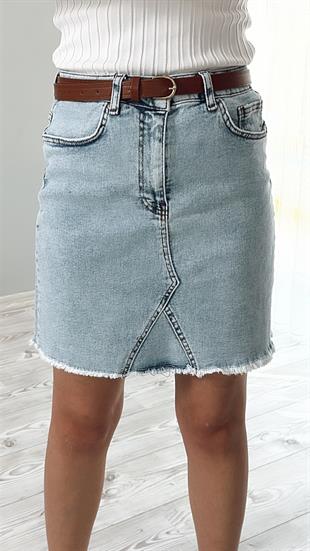 Mavi Önü Üçgen Parça Detaylı Yüksek Bel Denim Etek