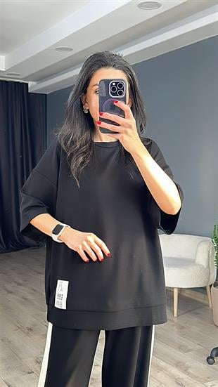 Siyah Modal Kumaş Zr Amblemli Bisiklet Yaka Salaş T-Shirt