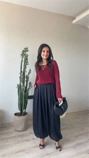 Bordo Kayık Yaka Ajurlu Triko Bluz