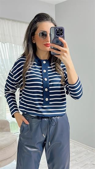 Lacivert Çizgili Önü Düğmeli Sweatshirt