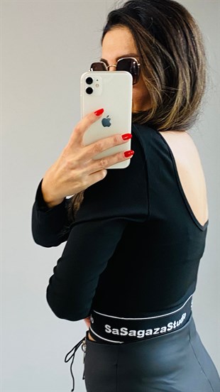 Siyah Eteği Lastikli Tasarım Crop Bluz