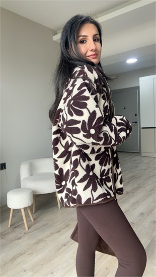 Ekru Kahve Çiçek Desenli Fermuarlı Polar Ceket