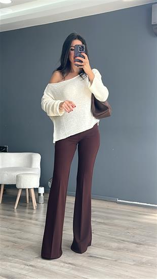 Kahve Tek Düğmeli İspanyol Paça Pantolon