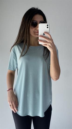 Su Yeşili Bisiklet Yaka Lazer Kesim Modal Kumaş T-shirt