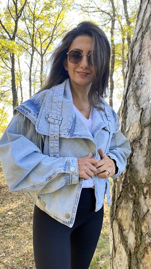 Mavi Omuz Taş Saçaklı Yaka Detay Jean Ceket