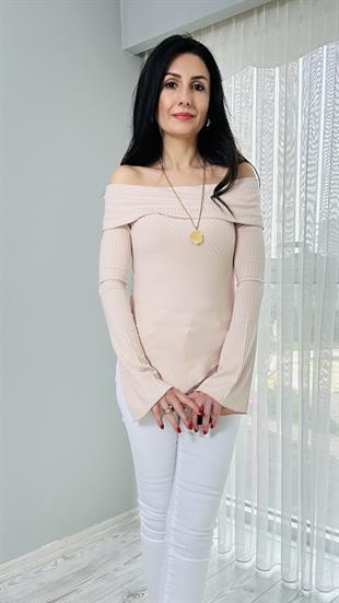 Bej Eteği Çapraz Madonna Yaka Bluz