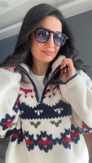 Ekru Lacivert Geometrik Desenli Fermuarlı Sweatshirt