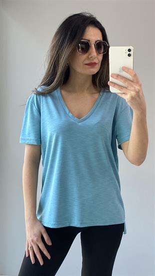 Turkuaz Melanjlı Modal Kumaş V Yaka T-shirt