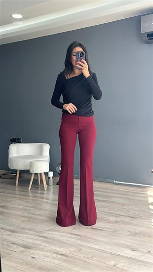 Bordo Tek Düğmeli İspanyol Paça Pantolon