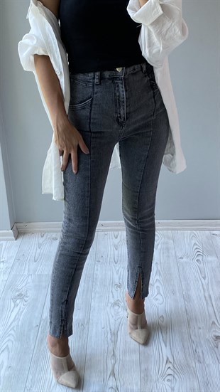 Koyu Gri Skinny Yırtmaçlı Jean