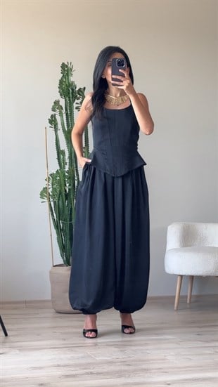Siyah Saten Paça Lastikli Şalvar Pantolon