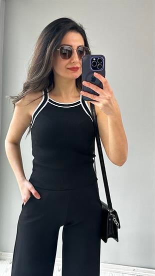 Siyah Halter Yaka Çizgi Detay Atlet