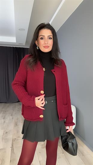 Bordo Gold Düğmeli Cepli Triko Hırka