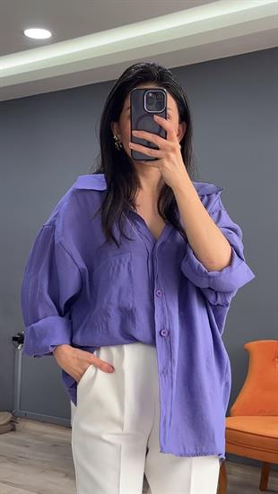 Mor Düşük Omuz Oversize Gömlek