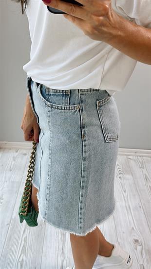 Mavi Mini Yırtmaçlı Yüksek Bel Denim Etek