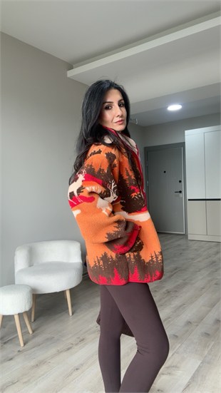 Turuncu Kahve Geyik Desenli Fermuarlı Polar Ceket