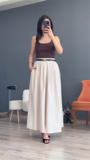 Bej Bel Kısmı Pileli Beli Lastikli Maxi Boy Etek