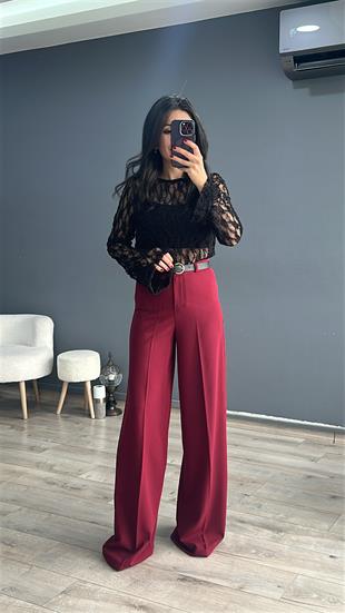Bordo Arka Cep Detaylı Kemerli Palazzo Pantolon