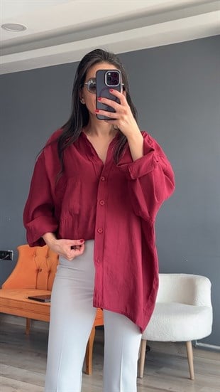 Bordo Düşük Omuz Oversize Gömlek