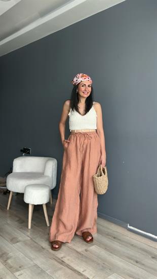 Kiremit Beli Lastikli İp bağlamalı Keten Pantolon