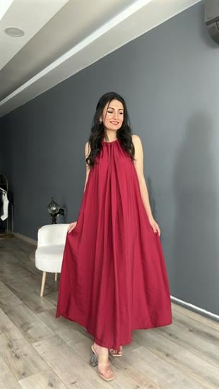 Bordo Boyun Bağlamalı Modal Elbise