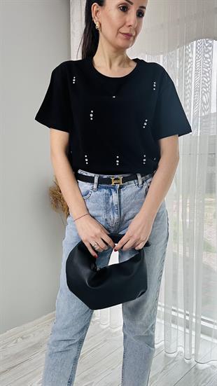 Siyah Taş Detaylı Bisiklet Yaka T-shirt