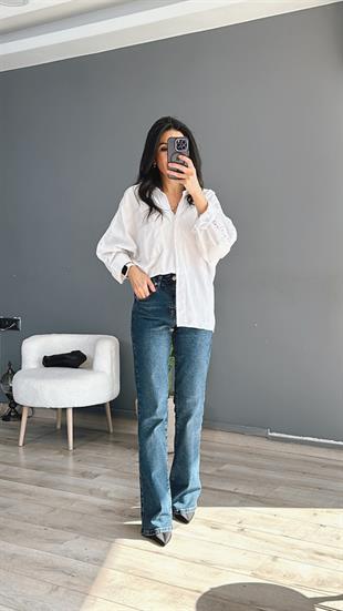 Beyaz Poplin Kumaş Brodeli Oversize Gömlek