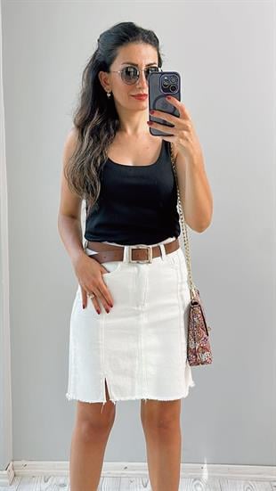 Beyaz Mini Yırtmaçlı Yüksek Bel Denim Etek