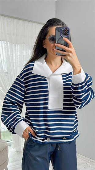 Lacivert Çizgili Gömlek Yaka Büzgü Detaylı Sweatshirt