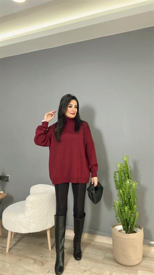 Bordo Balıkçı Yaka Triko Kazak