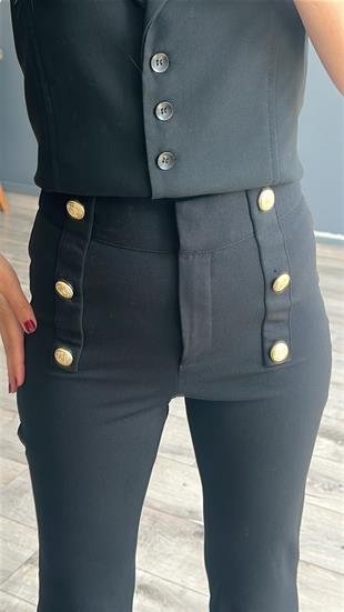 Siyah Önü Düğme Detaylı İspanyol Paça Pantolon