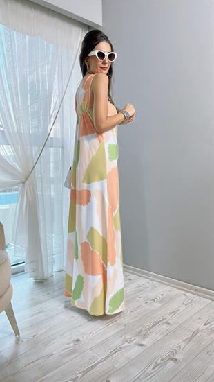 Pastel Renk Desenli Kalın Askılı Elbise