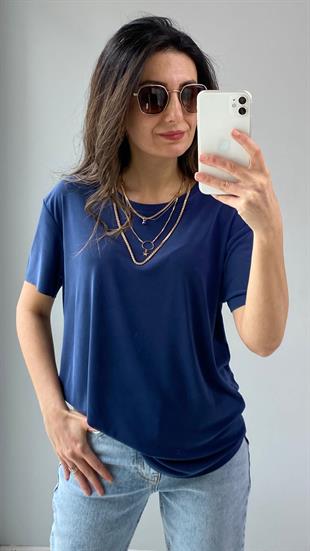 Lacivert Bisiklet Yaka Lazer Kesim Modal Kumaş T-shirt